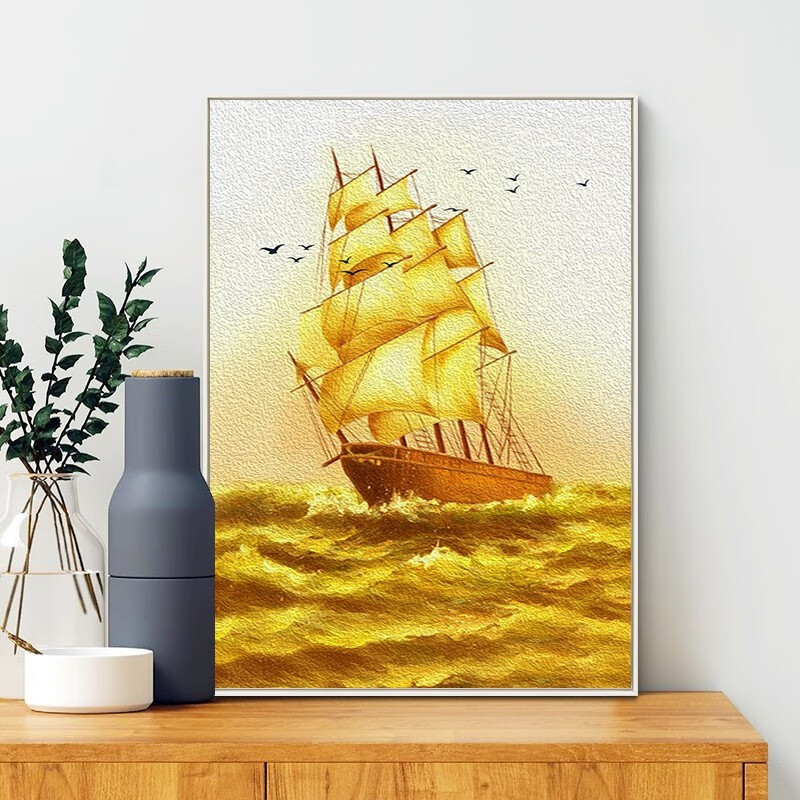 辉音北欧风格帆船装饰画炫金背景蓝天白云海鸥优美客厅玄关餐厅挂画 a
