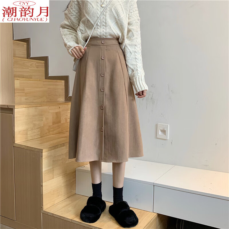 潮韵月秋冬季半身裙毛呢a字半身裙秋冬女中长款高腰日系裙子 卡其色 s