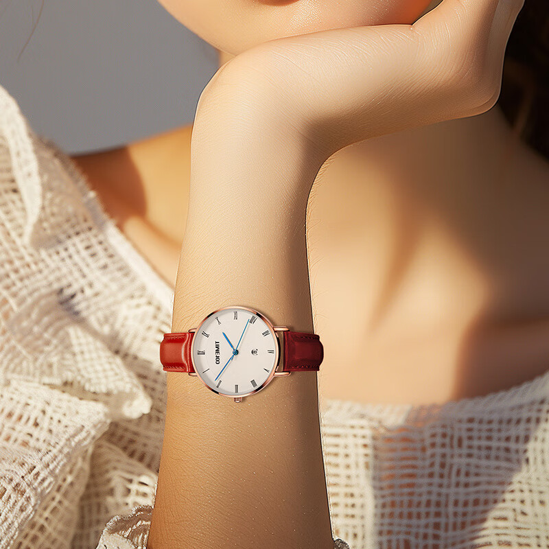 时光一百（TIME100）手表女轻薄简约头层油蜡牛皮女士手表圆盘日历防水学生女神节礼物 大红