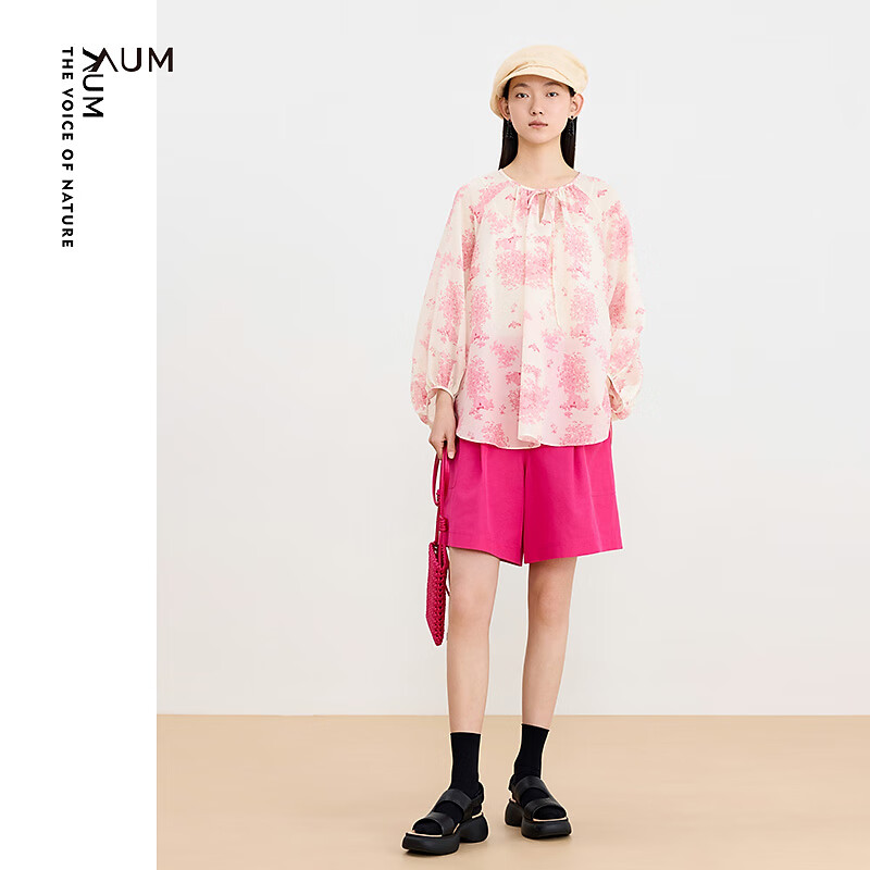 噢姆（AUM）【貝殼衫】AUM噢姆24夏季新款繁花樹木溫柔粉色印花上衣女 粉紅 L