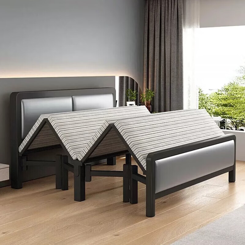 木叶间折叠床 出租房用现代简约单人铁架床家用简易铁艺双人床 雅致黑 宽1.8米 软包+加厚床头