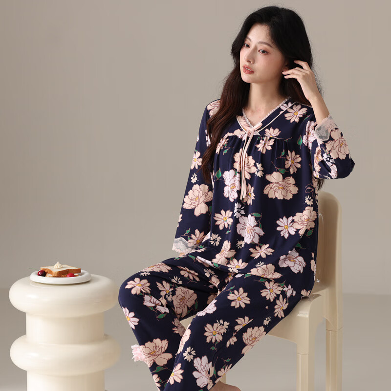 绮瑞女士莫代尔家居服春秋长袖国风印花优雅妈妈睡衣秋款大码套装 深蓝 2XL