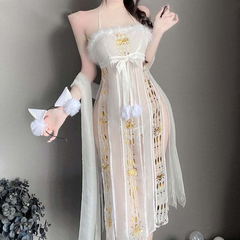 香妃国潮汉服吊带抹胸开叉裙摆制服套装 白色【发箍 纱裙 披帛 t裤】