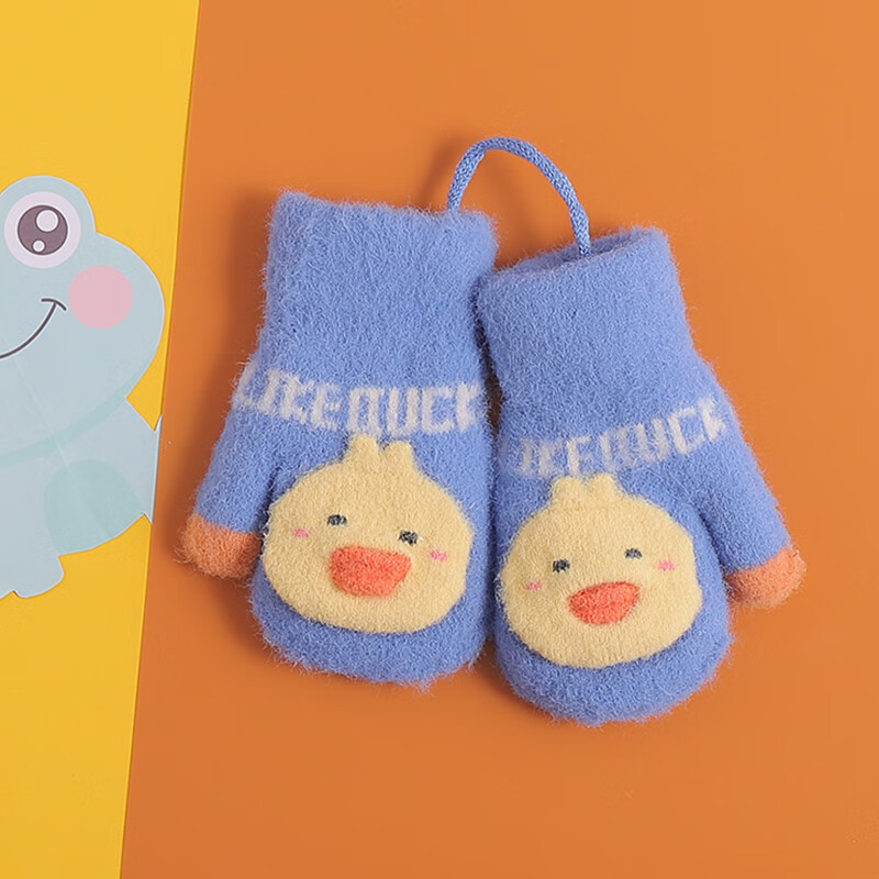 多拉麦格宝宝手套1-3-5岁冬季加绒加厚卡通手套户外保暖男女儿童包指手套 可爱鸭 蓝色 建议2-5岁 加绒加厚