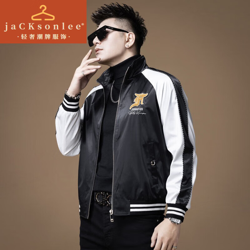 jacksonlee品牌国际轻奢中国风新款撞色休闲外套夹克男士龙刺绣上衣