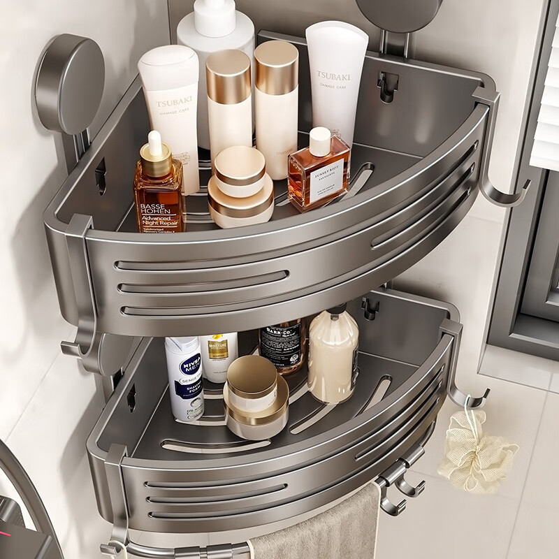 妃驰卫生间置物架吸盘免打孔浴室三角厕所洗漱台转角洗手间收纳架子灰 【加高加厚】吸盘双层四方架