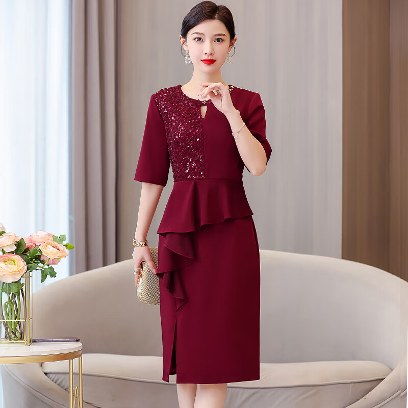 枫顾蓝五一参加婚礼穿女四十岁穿喜婆婆婚宴装高贵年轻夏季连衣裙子