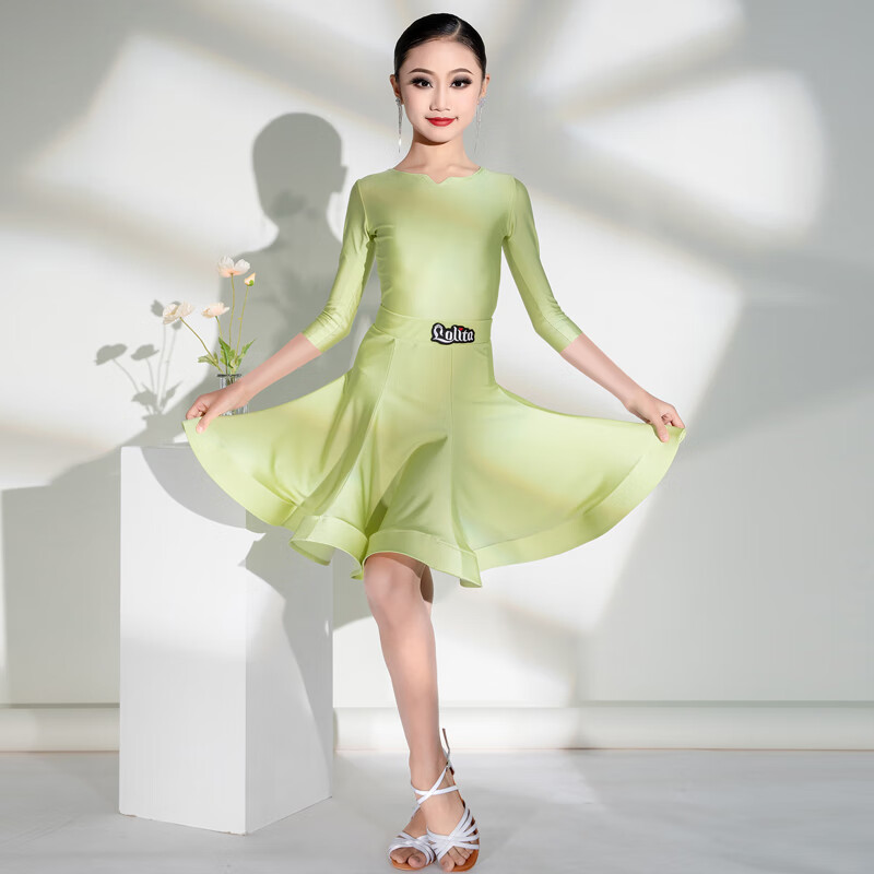抒漾女童拉丁舞服比賽標準賽服規(guī)定新款珠光少兒高級感套裝高端女兒童 珠光嫩芽綠 中袖 高端款 130cm