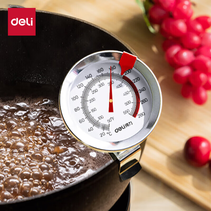 得力（deli）机械油温水温计 油炸食品油温表 自带可移防烫