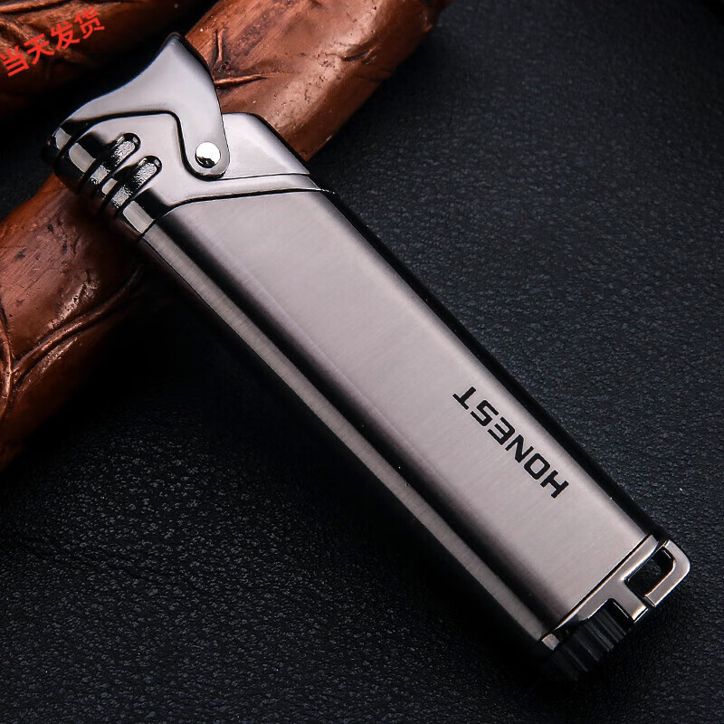 honest可充气蓝焰直冲打火机防风迷你金属个性创意点烟器男礼物 黑镍