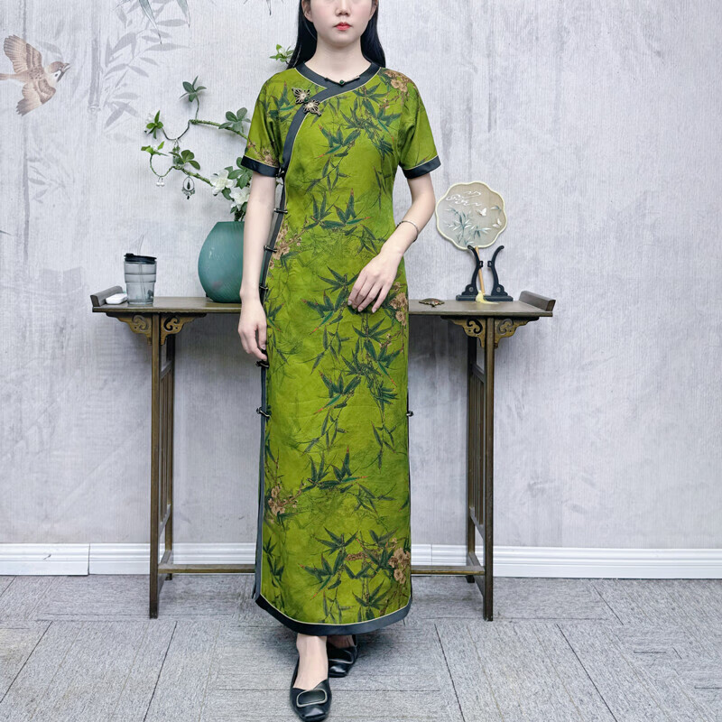 纳芥夏季新品真丝红云纱复古中式改良无领低领长款袍子旗袍连衣裙