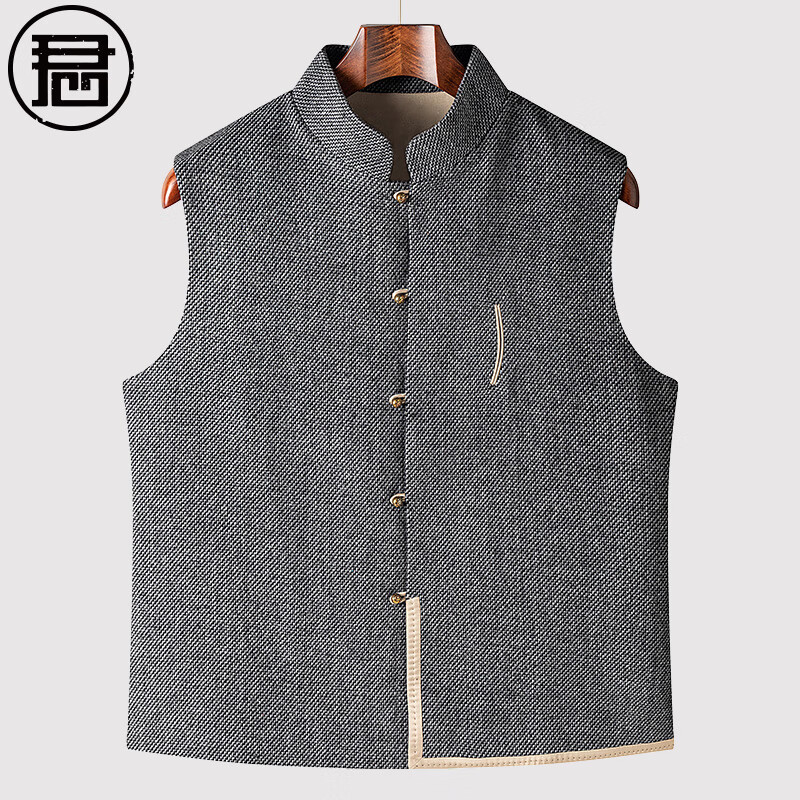 qie)中国风男士羊毛马甲中年爸爸老式立领马夹背心秋冬季坎肩毛呢外套