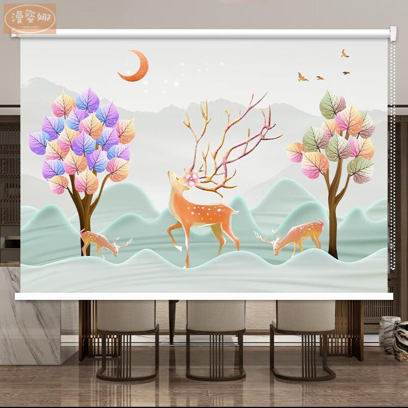 漫姿娜窗帘卷帘卷拉式山水画定制意境装饰山水客厅办公室书房防水遮阳