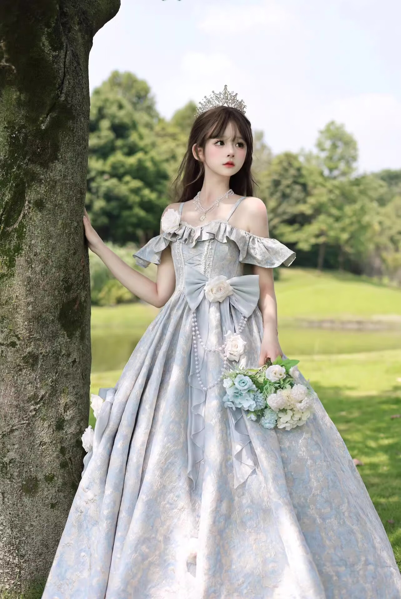 贺杨喻蓝色lolita花嫁齐地华丽成人礼服婚纱公主裙洛丽塔 蓝色 s