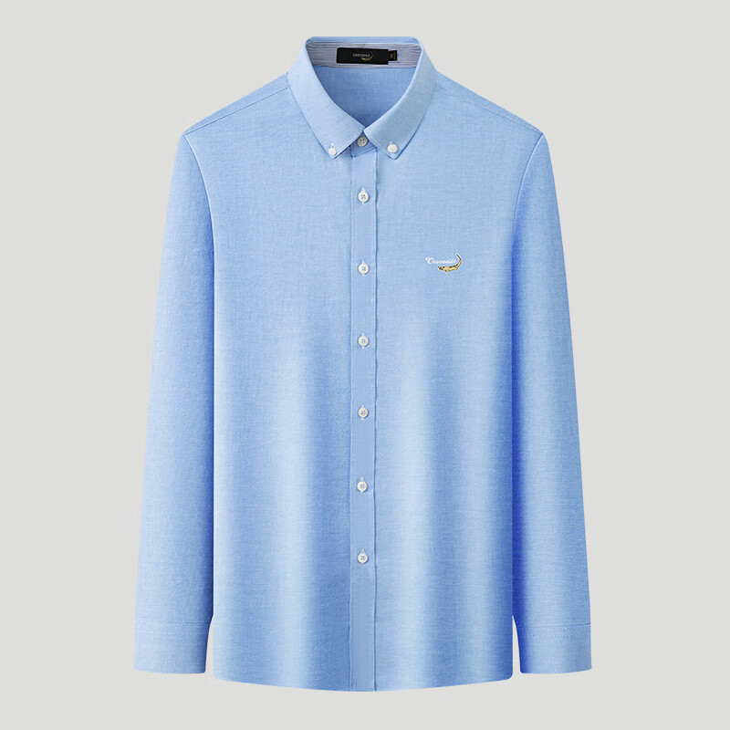 鳄鱼恤长袖衬衫男士常规款商务休闲纯色简约翻领正装衬衣 浅蓝色 4XL(58)195/108A