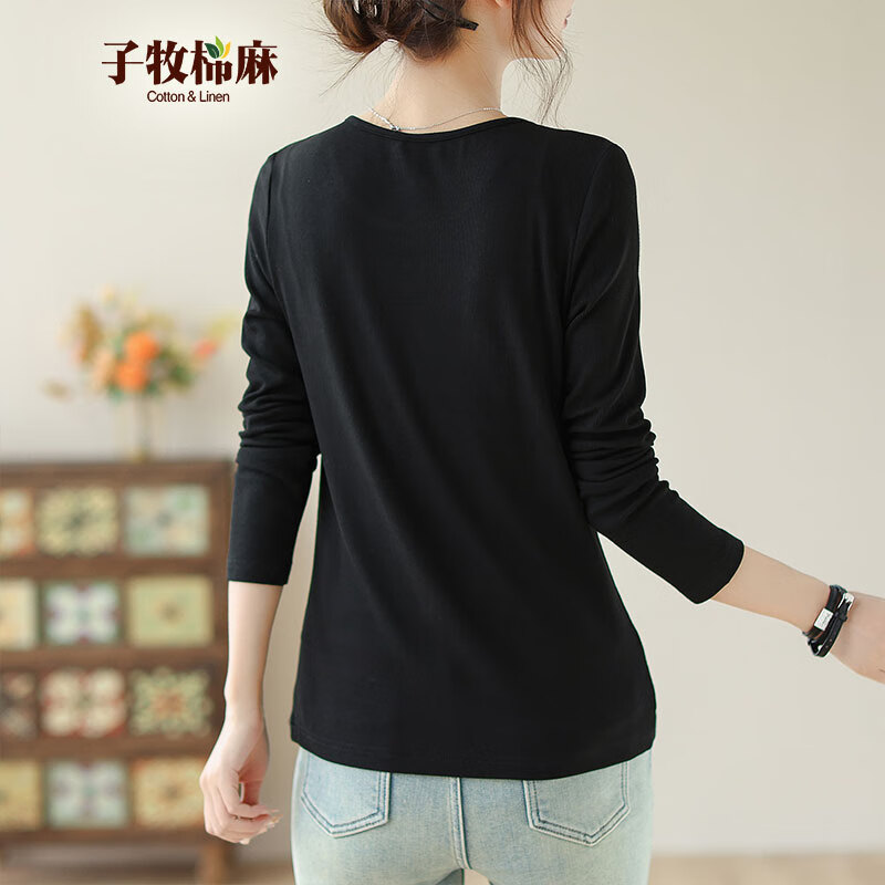 子牧棉麻秋装 女韩版百搭打底衫内搭长袖薄款圆领螺纹T恤上衣8689 经典黑大圆领 2XL (建议140-155斤)