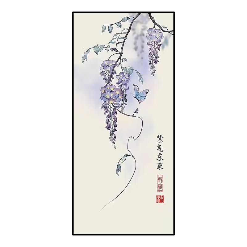 来寓意手绘油画新中式蝴蝶装饰画紫花卉客厅玄关国画风挂画 紫气东来