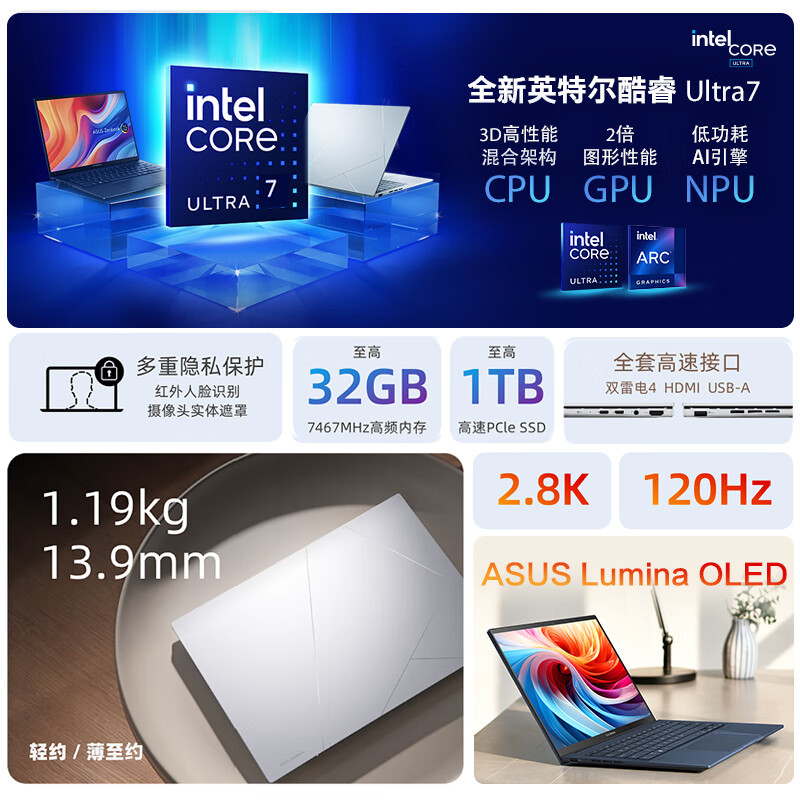 华硕灵耀14 2024酷睿Ultra7 2.8K 120Hz OLED高颜值AI超轻薄商务办公14英寸笔记本电脑(155H 32G 1T)蓝