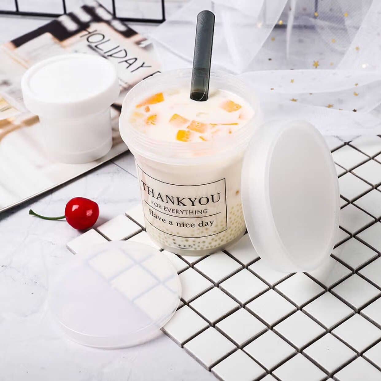 烧仙草杯罐子500ml甜沫儿家防漏密封打包杯一点甜带贴纸 10套(杯子含