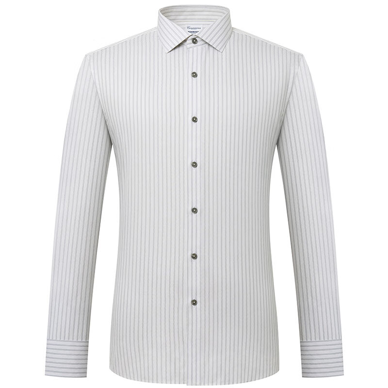 恺米切免烫抗菌长袖衬衫浅卡其中条纹纹修身型男士衬衫 浅卡其 42