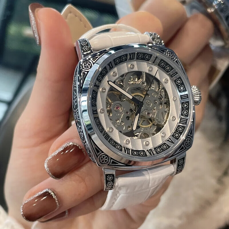 潮女必备时尚酷男女式陀飞轮全自动机械腕表男镂空运动防水送礼物 银白红带