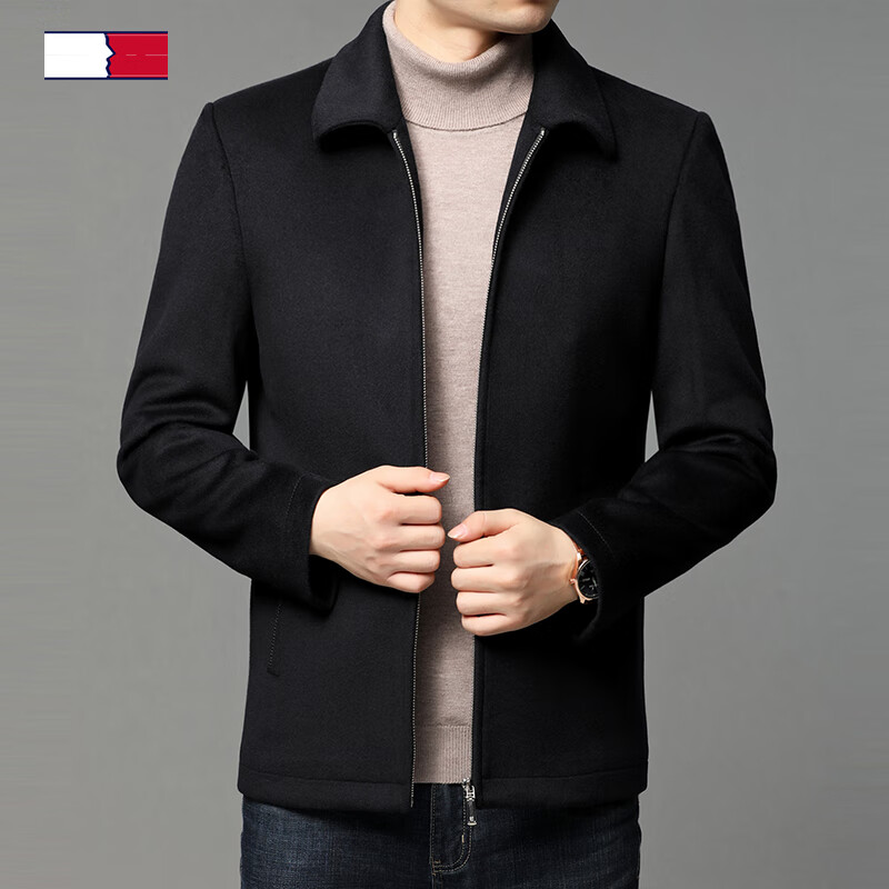 汤米希凯利 毛呢外套男短款休闲翻领秋冬季男装男士羊毛呢子夹克 深蓝
