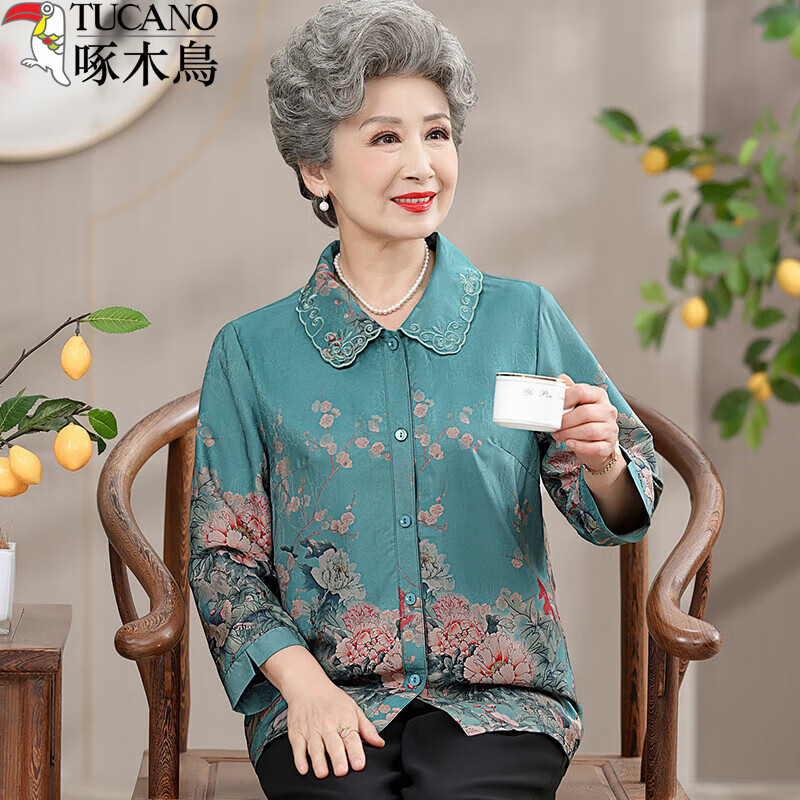 啄木鸟老年女装奶奶装夏季衬衫老人夏装套装老太太新款母亲节妈妈衬