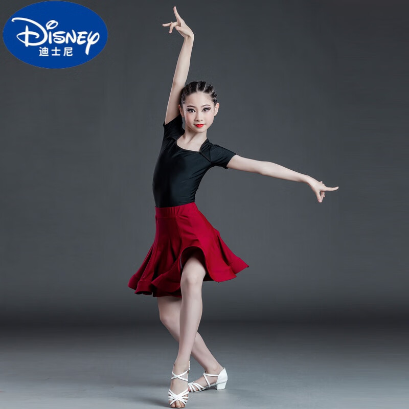 迪士尼（Disney）儿童拉丁舞服装6-13岁女童分体舞蹈练功服2024春夏新款半身裙套装 黑色上衣+朱红色裙 160码
