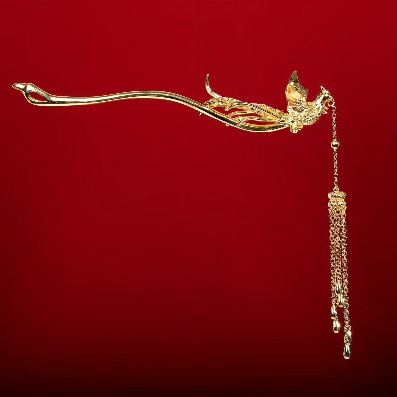 锆中式国风凤凰发簪女结婚新娘金色凤钗秀禾服头饰古风 金色凤凰发簪