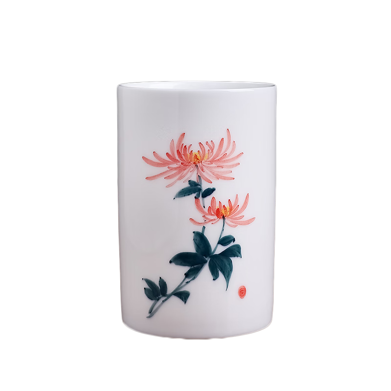 東方泥土陶瓷手繪彩梅蘭竹菊筆筒教師節(jié)禮物感恩送老師同學可定制紀念禮品 菊花筆筒 釉下彩【紅色】