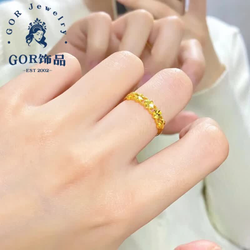 GOR越南沙金戒指幸运四叶草女仿真黄l金开口可调节爱心花 沙金四叶草戒指 开口可调节