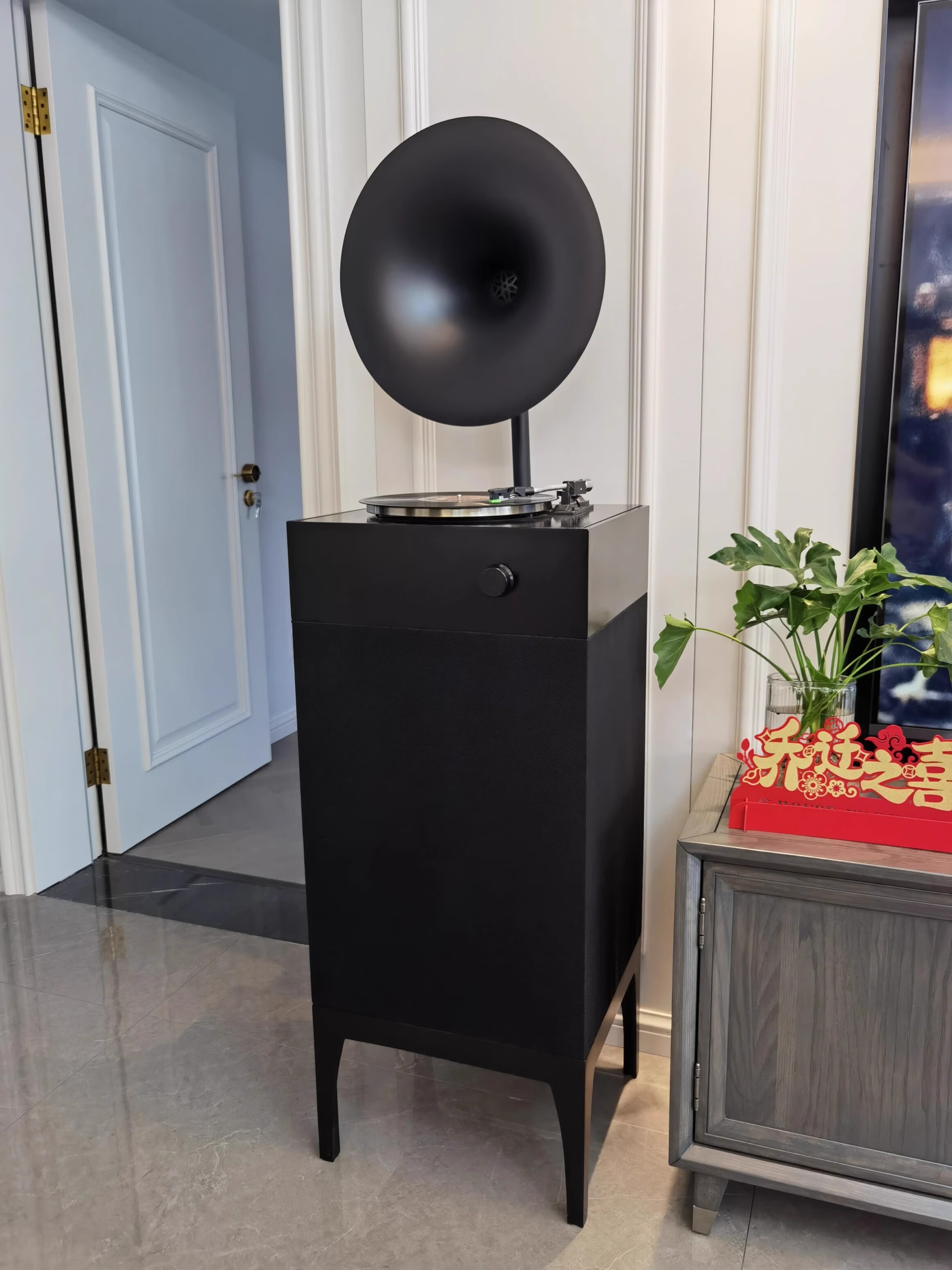 埠帝现代落地一体式黑胶唱片机黑色橙色喇叭蓝牙音响留声机样板房摆件