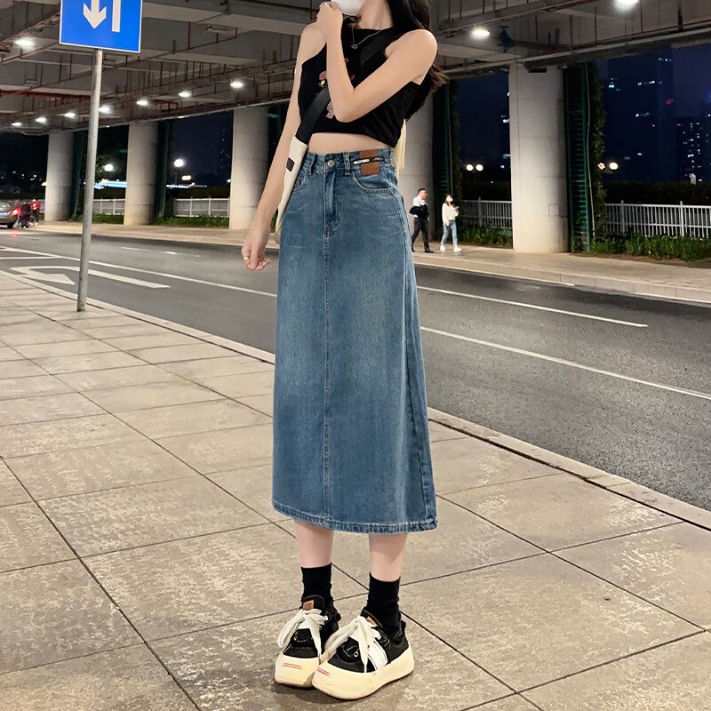 悦青壹品半身牛仔裙女ins潮小众皮牌高腰开叉复古a字型包臀中长裙子女