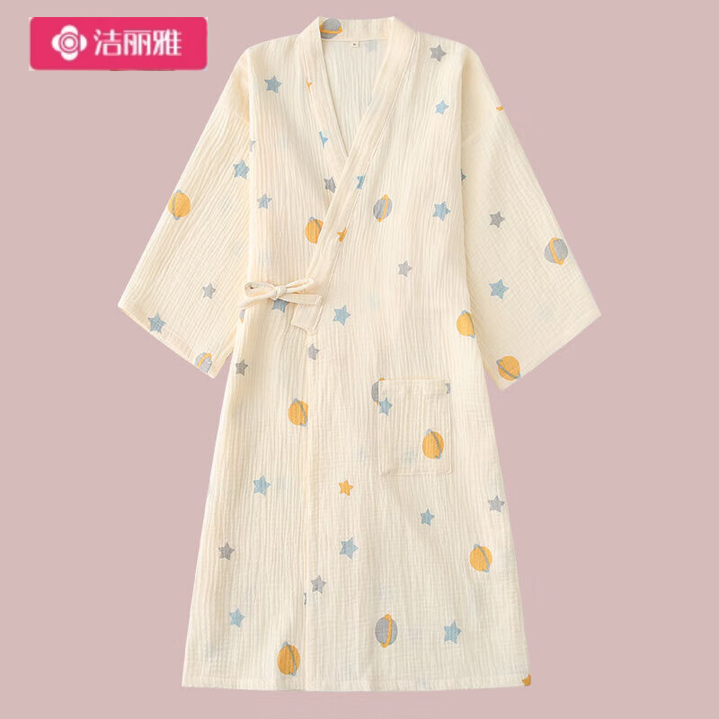 潔麗雅 GRACE輕奢睡裙睡袍女純棉紗布和服春秋浴衣日系家居服日式男士浴袍睡衣 小小星球棉紗睡袍 帶紐扣防走光 M