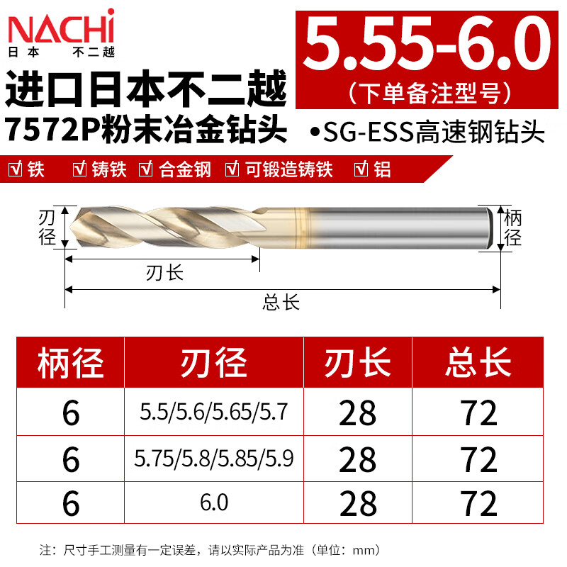 豪力顺日本进口NACHI不二越7572P粉末冶金钻头 SG-ESS高速钢钻头 短刃 5.55至6.0（留言规格）