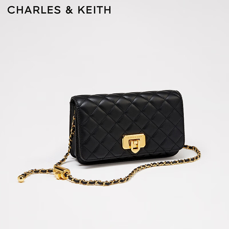 CHARLES&KEITH经典菱格链条小方单肩斜挎包包女包生日礼物女CK2-70160131 Black黑色 S