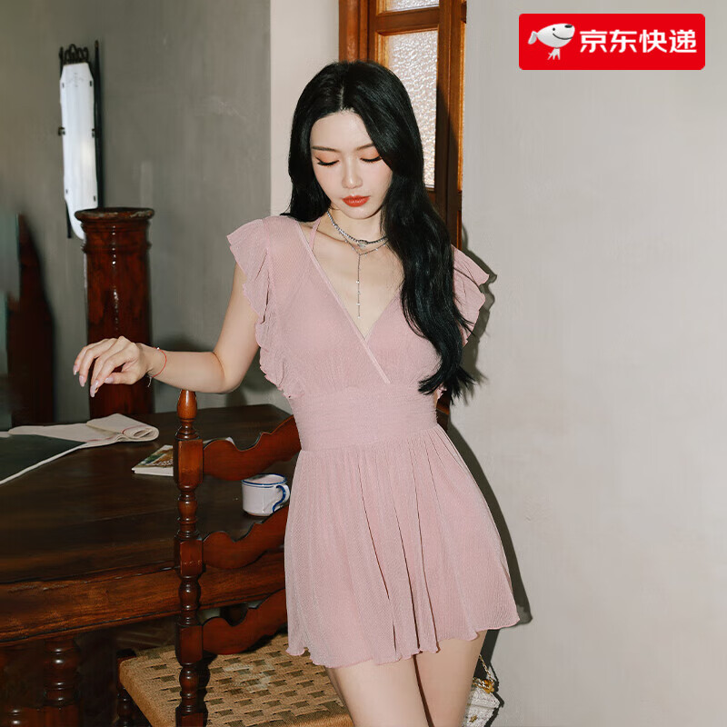 亦美珊連體泳衣女遮肚子2024年新款保守裙式感顯瘦微胖mm 豆沙粉 M