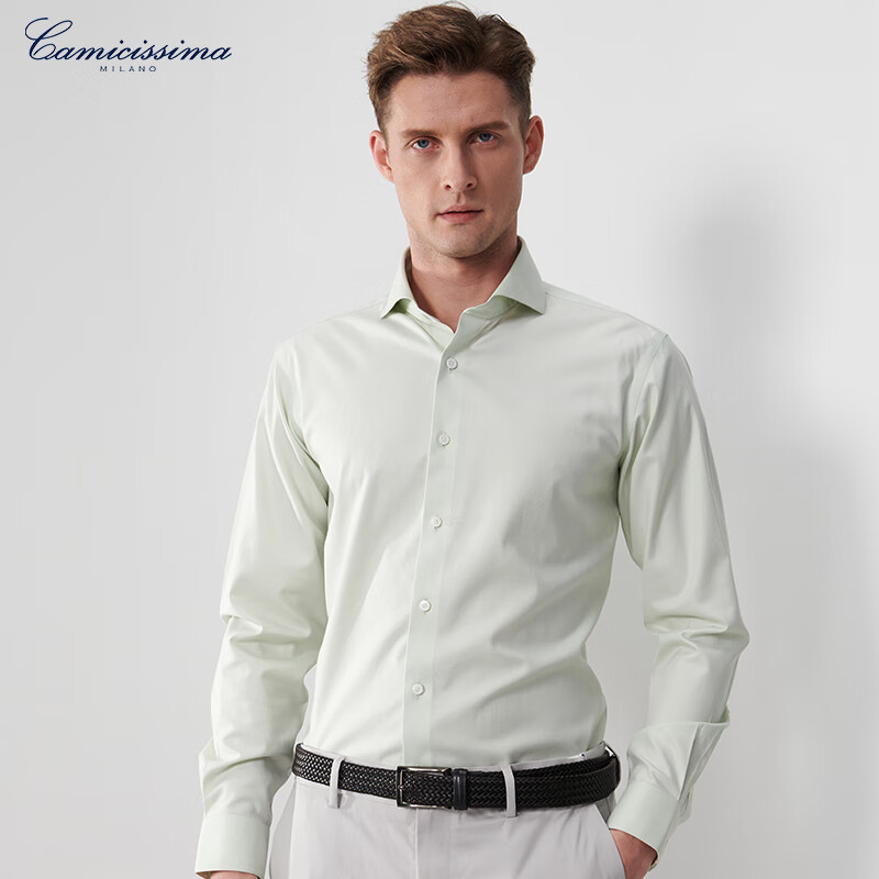 恺米切（CAMICISSIMA）【四季系列】男士免烫衬衫 浅绿色修身衬衣男 浅绿 40