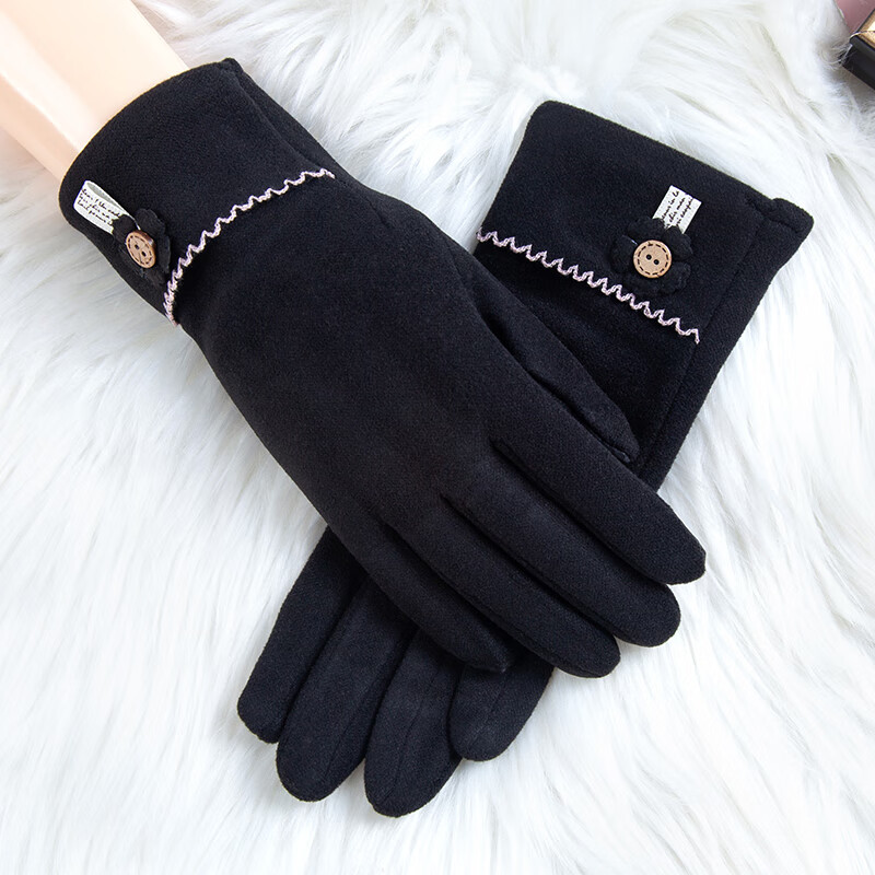 达芬奇密码 手套女冬季保暖竖条加绒保暖可触屏手套 花扣 黑色
