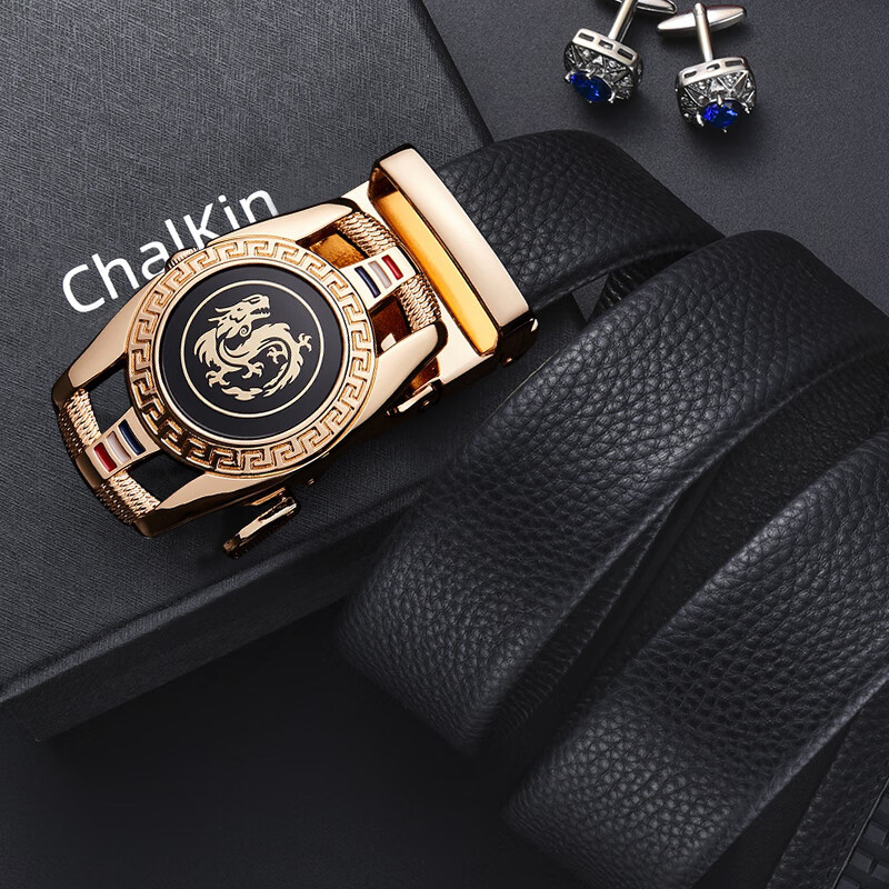 CHALKIN男士皮带真皮自动扣头层牛皮龙头图案腰带中青年裤腰带送老公礼物 银色龙图腾 125cm 体重160-175/裤码37-39