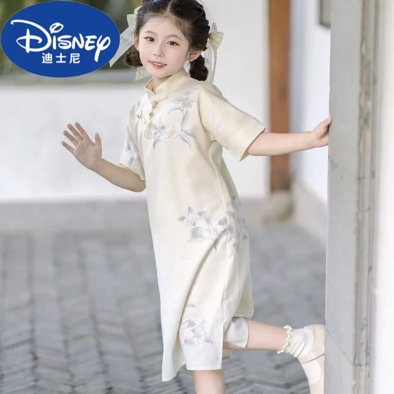 迪士尼新款民国风女童改良旗袍童装短袖宽松连衣裙女儿童司藤旗袍旗袍