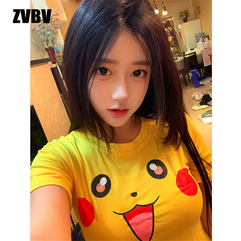 希柏诗大眼睛皮卡丘t恤显胸主播纯欲短款t恤女卡通印花搞怪甜辣妹紧身