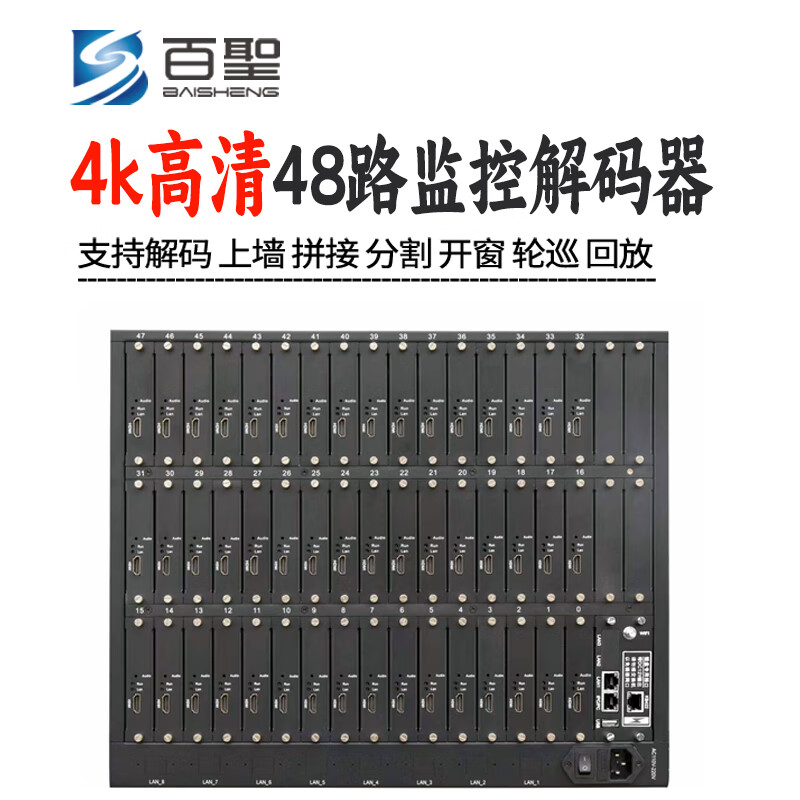 百圣4K监控高清视频网络解码器H.265视频解码矩阵处理主机器兼容海康大华多品牌上墙视频综合管理平台 48路监控解码器 单屏36画面