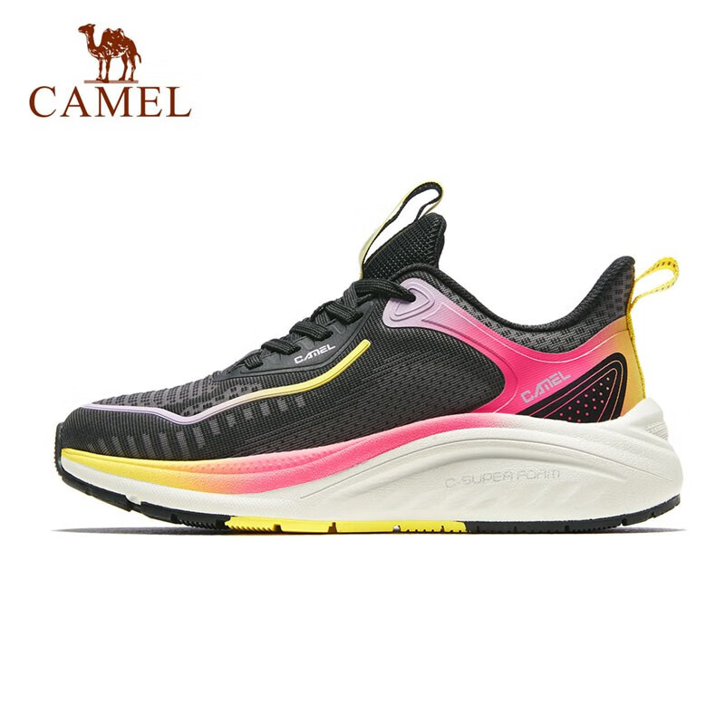 骆驼（CAMEL）男鞋 徒步缓震轻弹防滑耐磨透气舒适运动跑步鞋 7D22235473，黑/浅粉紫，女 38