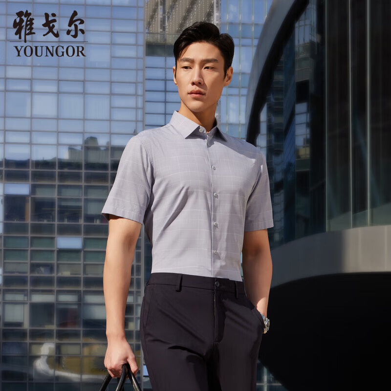 雅戈?duì)?襯衫男士 2024夏季青年男商務(wù)休閑格紋短袖襯衫 藍(lán)色格紋 42