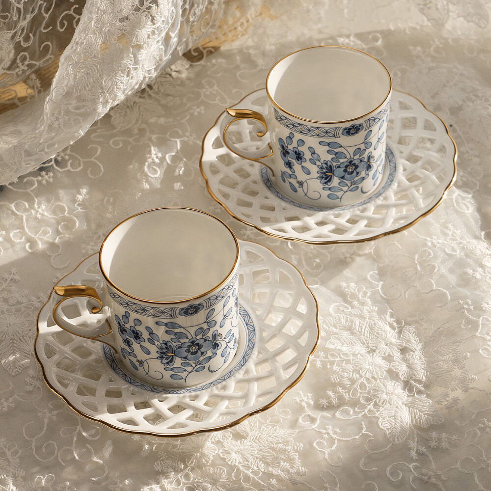 NARUMI/鸣海 Milano 双人下午茶套装、咖啡杯/茶杯碟套组、甜品碟 双人镂空茶杯套装4件9682-20894