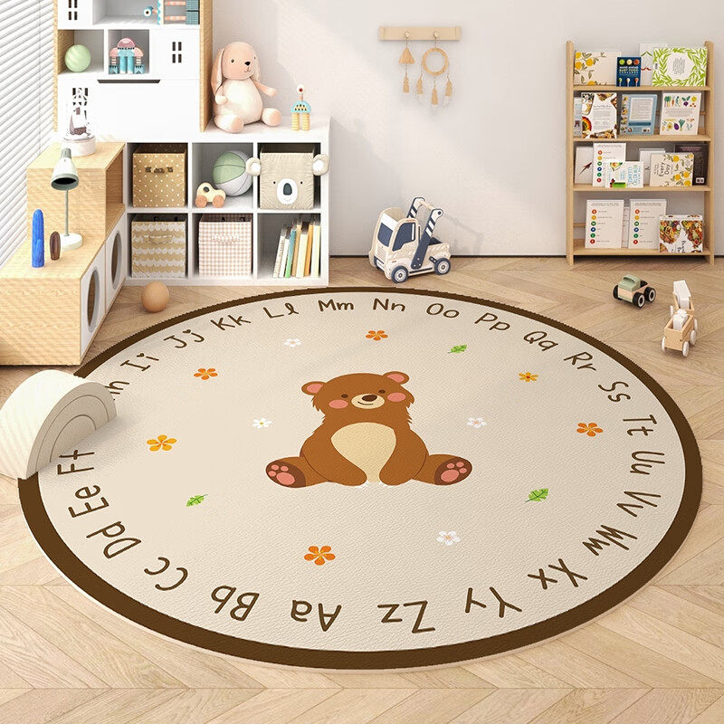 金玉铭川儿童房卡通圆形地毯客厅学习椅电脑转椅垫子卧室书房间阅读区毯子 SJR-字母小熊 直径60x60cm