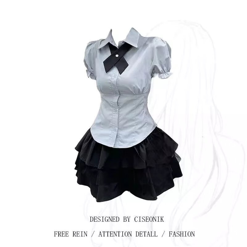 【直发】套装学院风日系JK制服女收腰显瘦泡泡袖衬衫上衣高腰蓬蓬 套装【青灰衬衫+蓬蓬裙+领结】 S