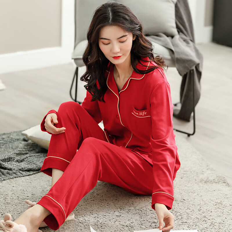 大鼻象情侣结婚睡衣女春秋纯棉长袖鸿运睡衣女大红新婚本命年男士家居