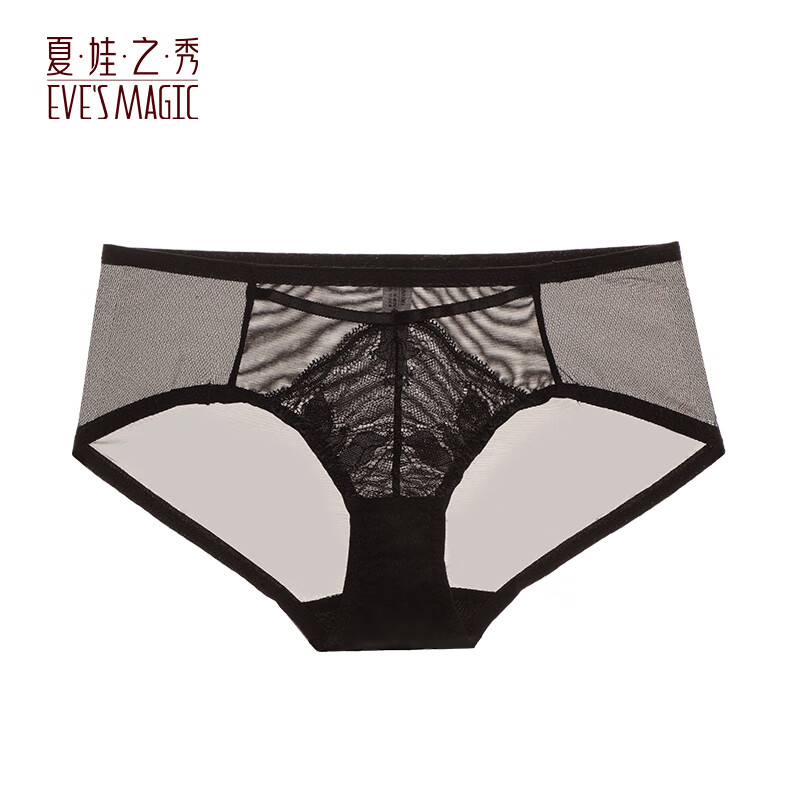 夏娃秘语内裤女性感蕾丝轻薄透气舒适双层弹力纯棉档包臀女士三角内裤 黑色 (E082) 1条 L